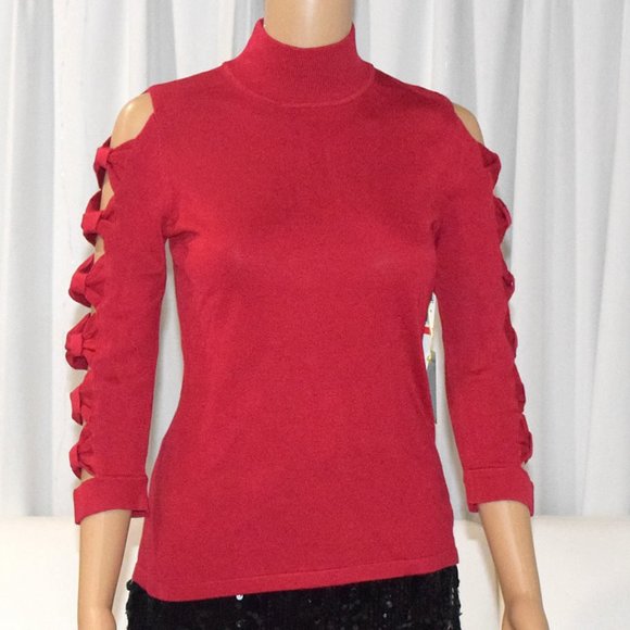 CeCe by Cynthia Steffe Bow Sleeve Crewneck Pullover Sweater in Red - Size XS - Picture 5 of 15